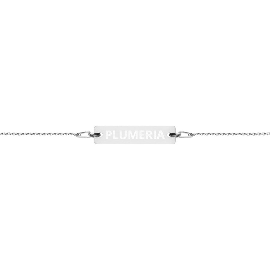 The Tamarind Man's Jam Plumeria Engraved Silver Bar Chain Bracelet